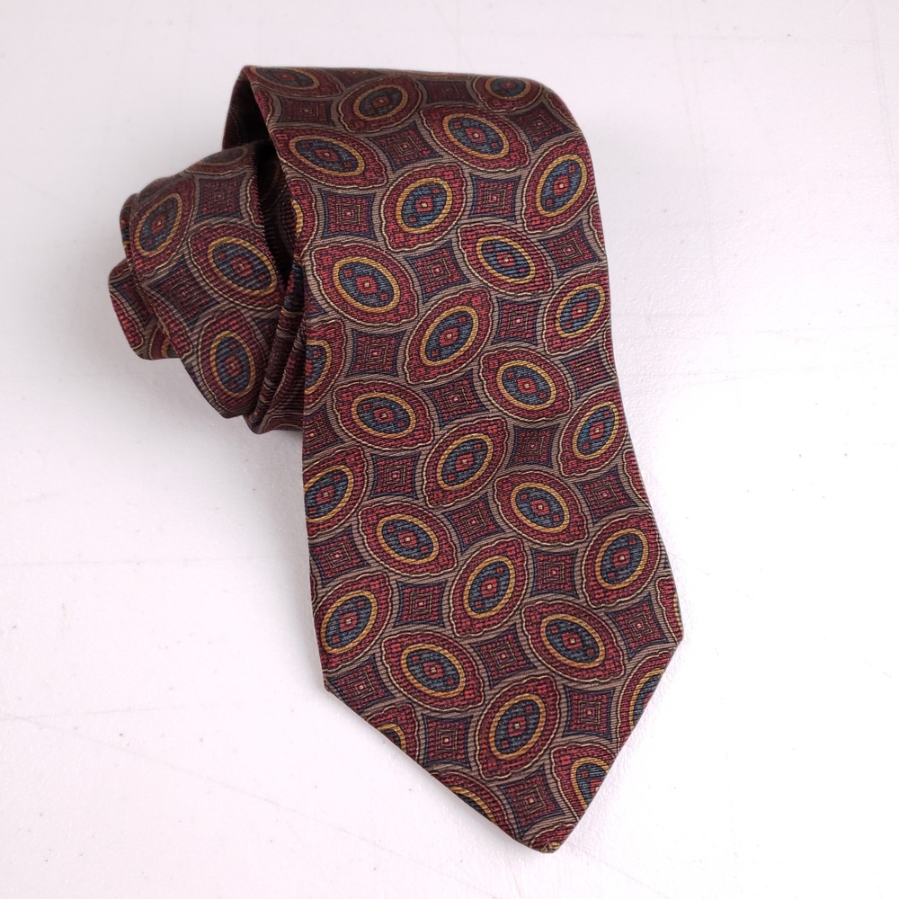 Tom James Mens Silk Tie Burgundy Navy Gold Geometric Medallion Classic 3.75 Inch